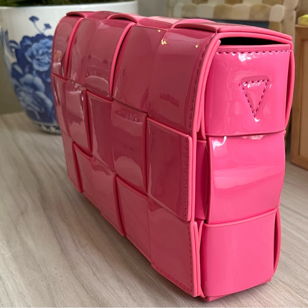 Hot pink patent leather woven crossbody
